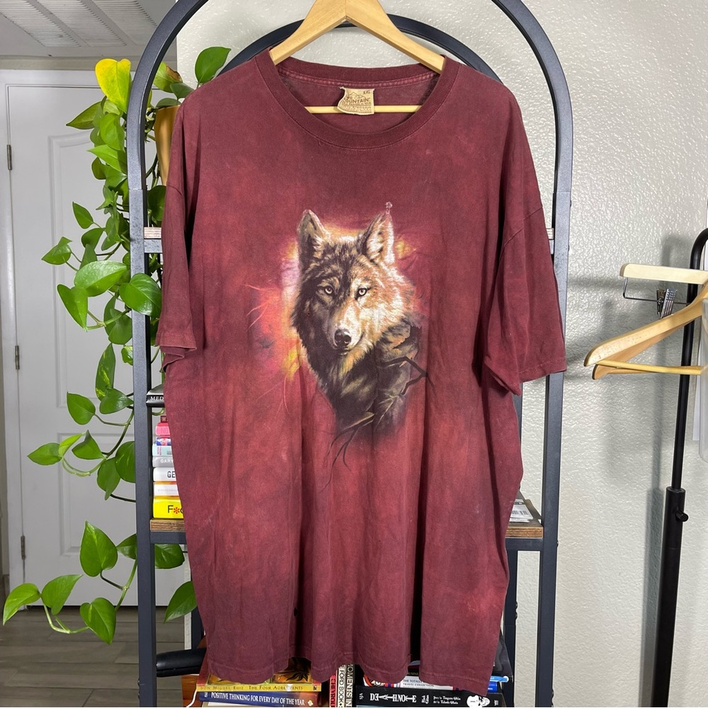 Vintage The Mountain T Shirt Men XXL Brown Tie Dye Wolf Head Y2K Leather Tag